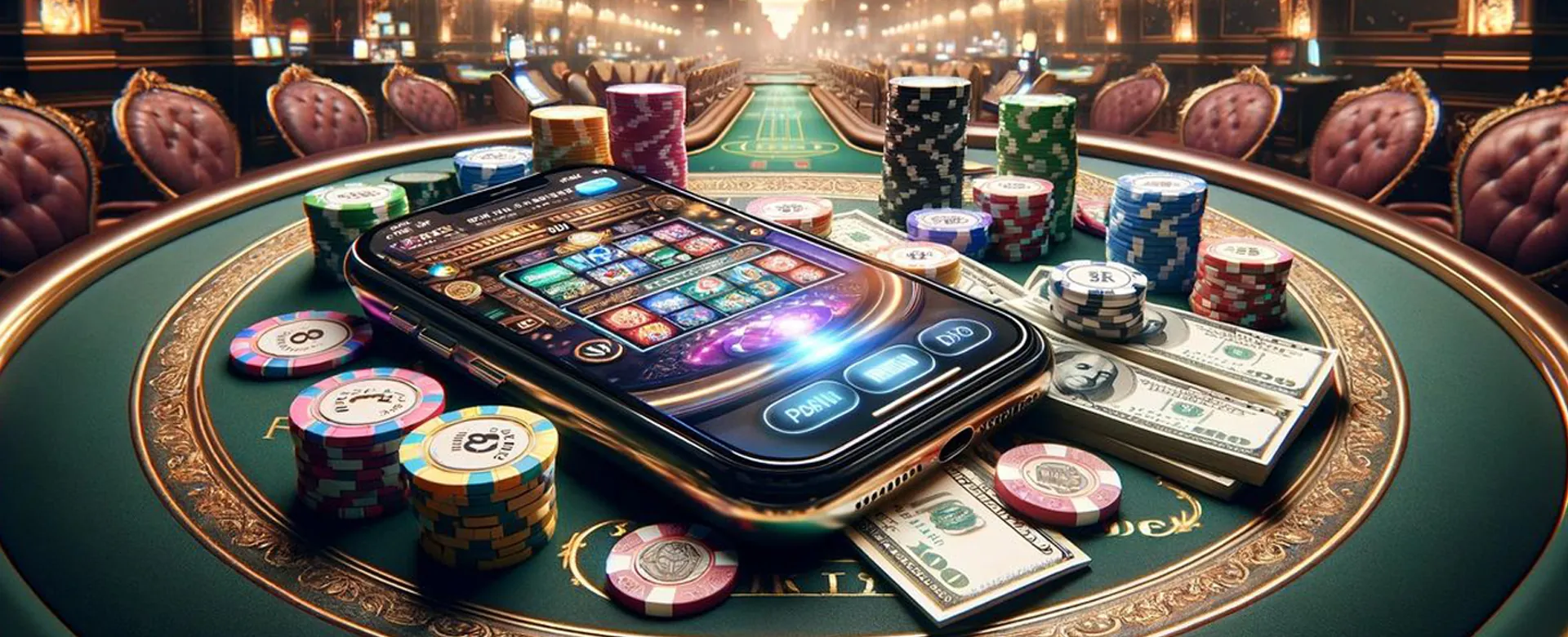 Player enjoying Playzone on a mobile device with vibrant casino elements in the background